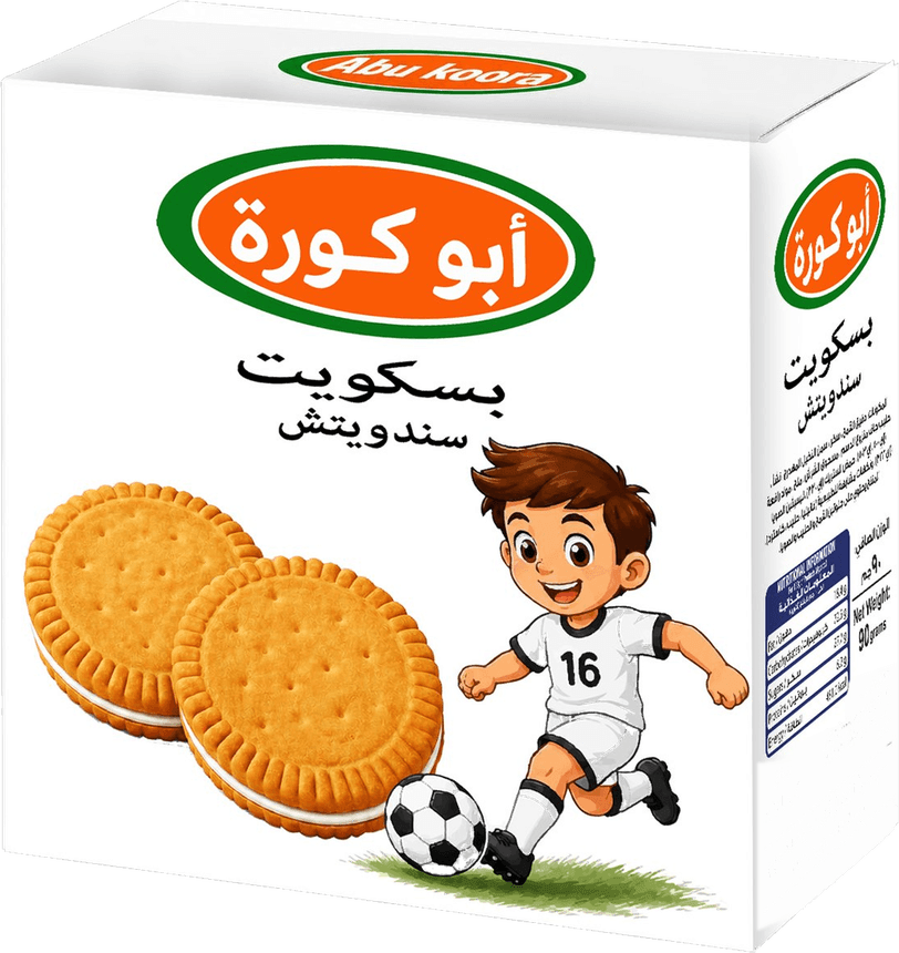 Abu Koora sandwich biscuits carton, arabic pack